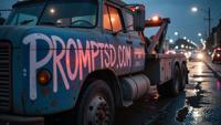 indigo graffiti in a modern font PROMPTSD COM , photograph, Abstract Tow truck of Breaking, back light