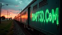 spring green graffiti in a modern font PROMPTSD COM , photograph, Anxious Train, at Sunset
