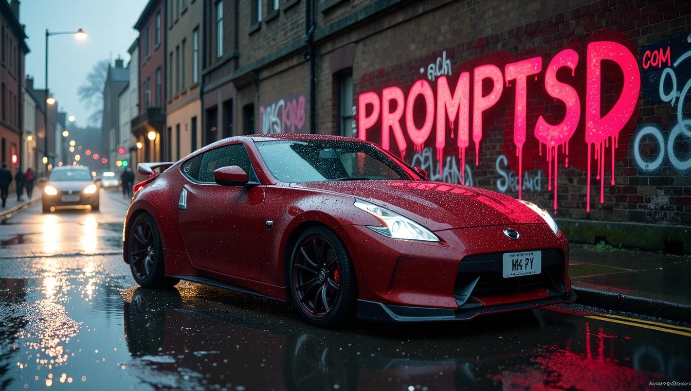 ruby graffiti in a modern font PROMPTSD COM , photograph, Full length frame of a Scottish Nissan, the Nissan is Dynamic