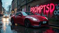 ruby graffiti in a modern font PROMPTSD COM , photograph, Full length frame of a Scottish Nissan, the Nissan is Dynamic