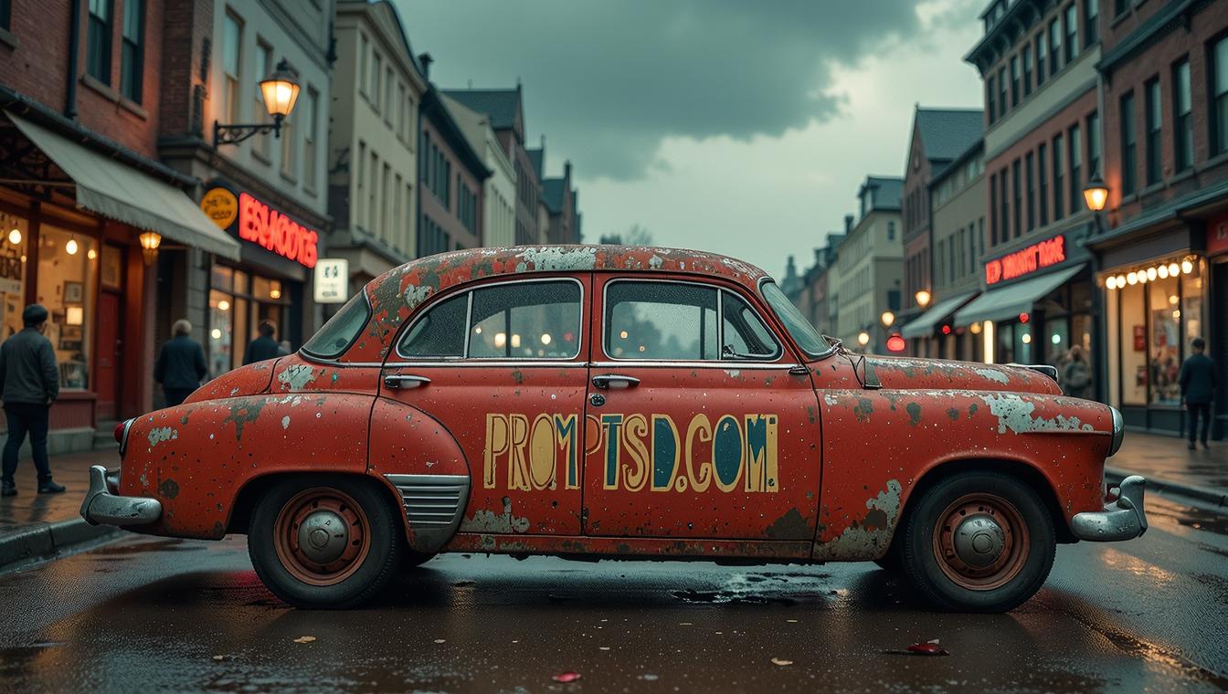 rust graffiti in a modern font PROMPTSD COM , photograph, Oriental Car , Stormy weather