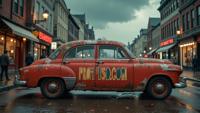 rust graffiti in a modern font PROMPTSD COM , photograph, Oriental Car , Stormy weather