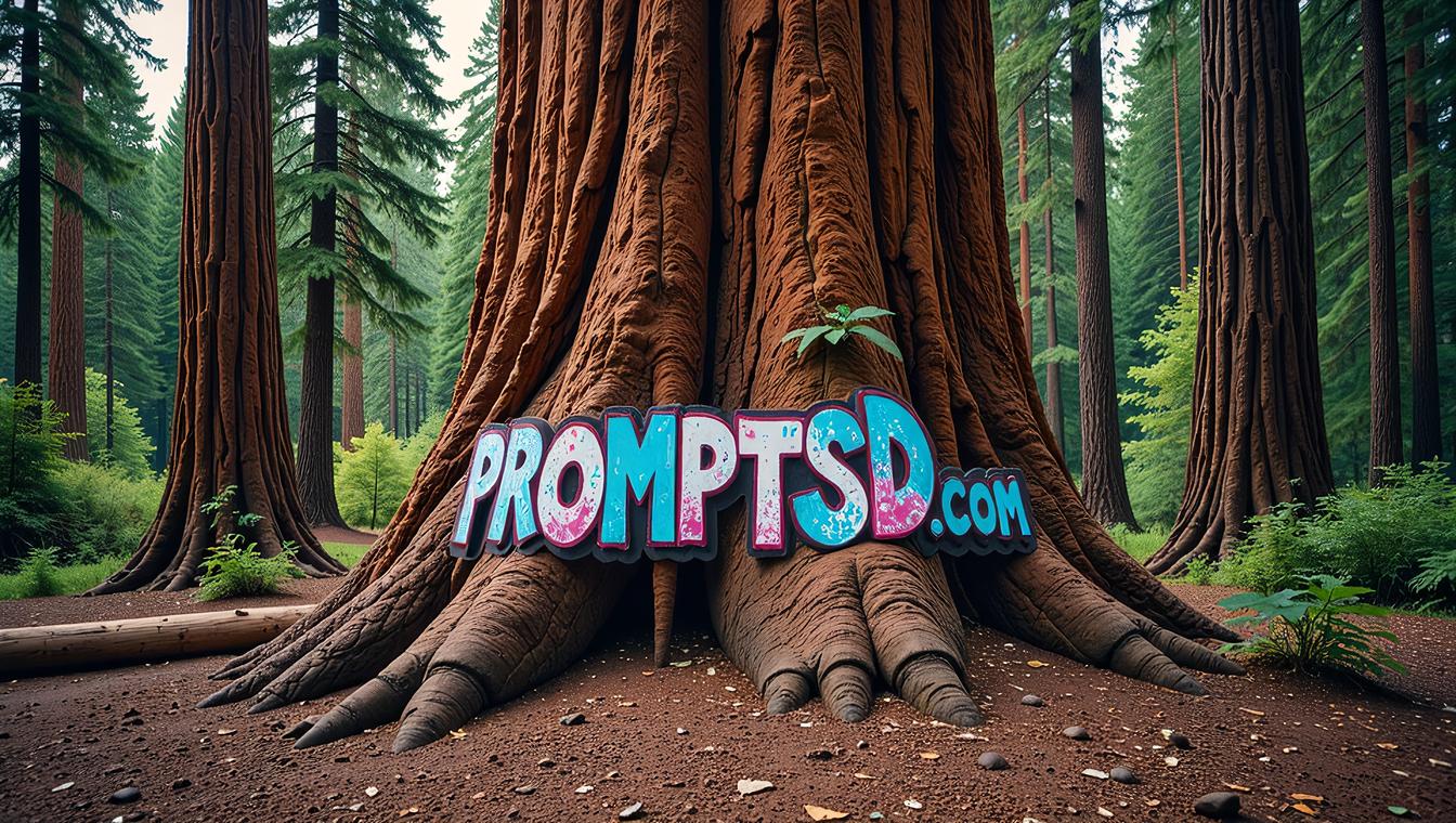 azure graffiti in a modern font PROMPTSD COM , photograph, Full length frame of a Colorful Desolate Giant sequoia tree Dam , Ultrarealistic