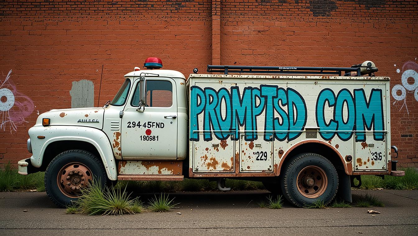 firebrick graffiti in a modern font PROMPTSD COM , photograph, White and Aqua Blue Fire truck , very Feathery