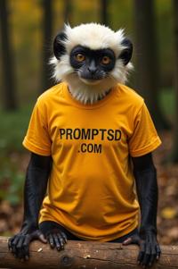 amateur photo a impudent Pied Tamarin, in mustard t shirt on the T shirt there is a beautiful inscription in a modern font PROMPTSD COM , at safari park, autumn
