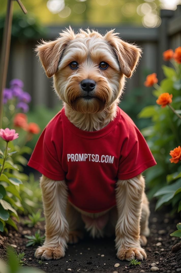 amateur photo a wicked Wheaten Terrier, in red t shirt on the T shirt there is a beautiful inscription in a modern font PROMPTSD COM , at potting shed, spring
