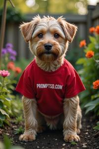 amateur photo a wicked Wheaten Terrier, in red t shirt on the T shirt there is a beautiful inscription in a modern font PROMPTSD COM , at potting shed, spring