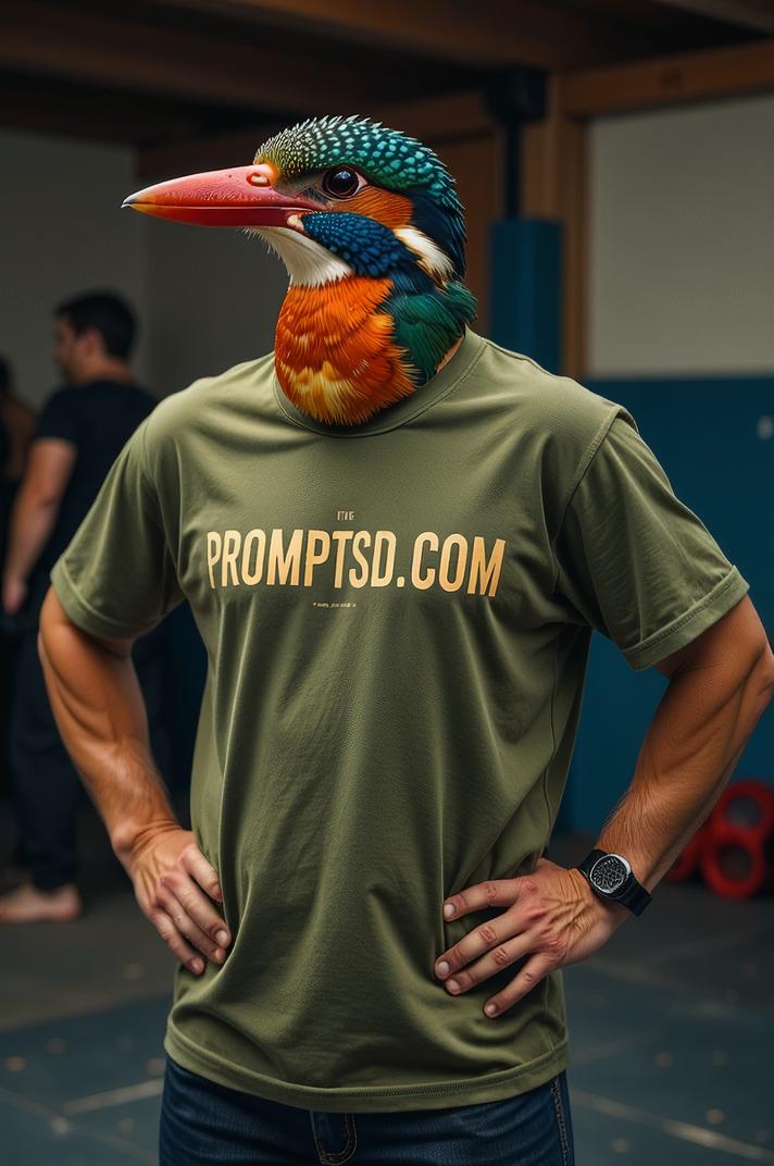 amateur photo a indifferent Oriental Dwarf Kingfisher, in camouflage green t shirt on the T shirt there is a beautiful inscription in a modern font PROMPTSD COM , at boxing school, winter