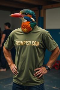 amateur photo a indifferent Oriental Dwarf Kingfisher, in camouflage green t shirt on the T shirt there is a beautiful inscription in a modern font PROMPTSD COM , at boxing school, winter