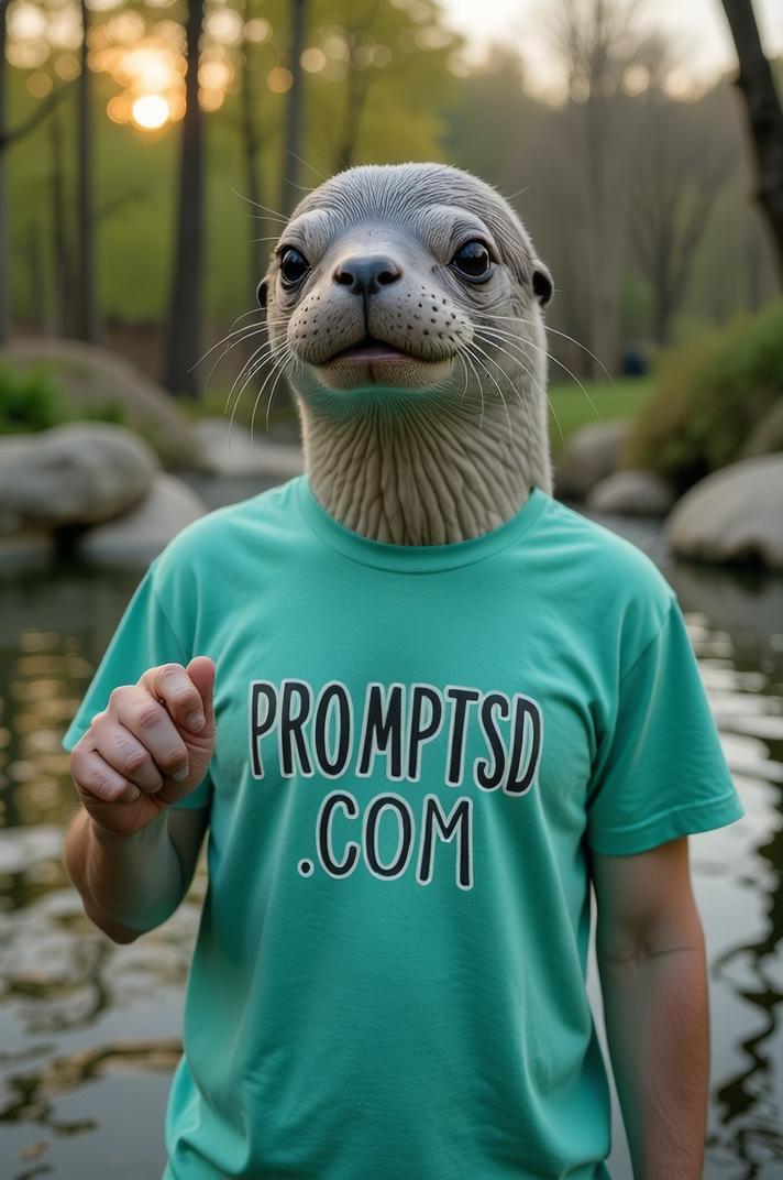 amateur photo a glad Eelpout, in sea green t shirt on the T shirt there is a beautiful inscription in a modern font PROMPTSD COM , at animal park, spring