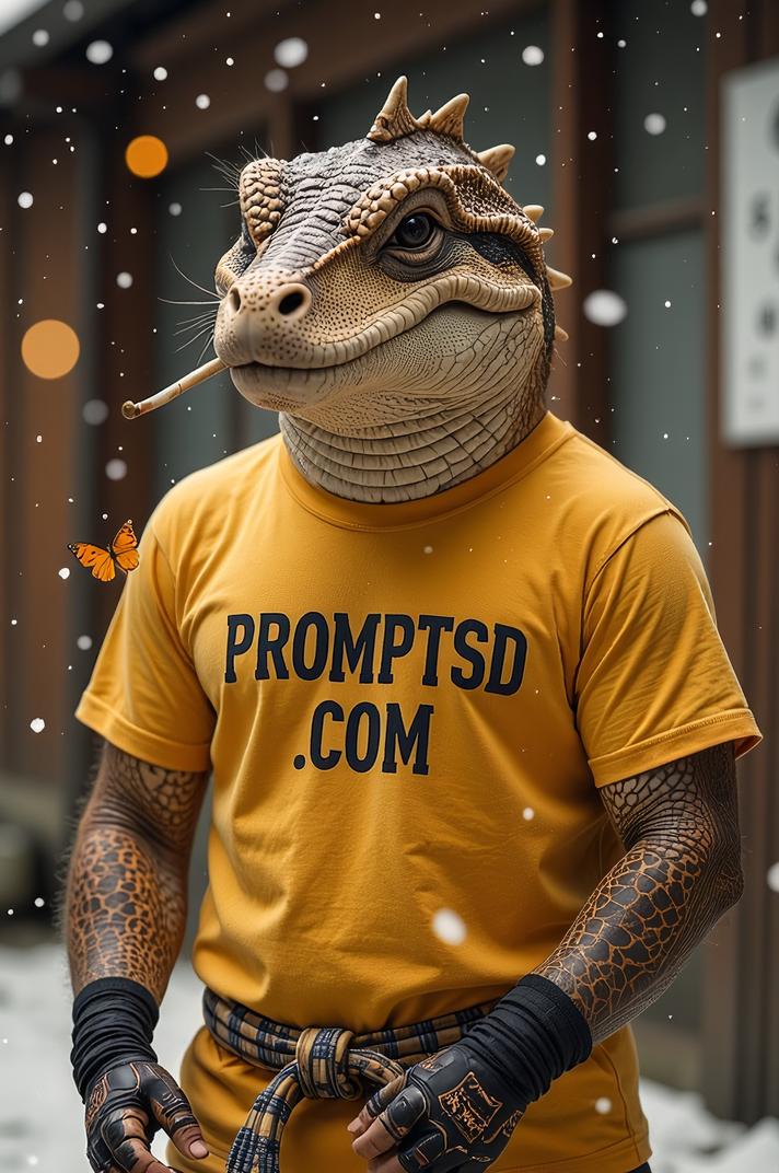 amateur photo a sad Smilosuchus, in gold t shirt on the T shirt there is a beautiful inscription in a modern font PROMPTSD COM , at taekwondo school, winter