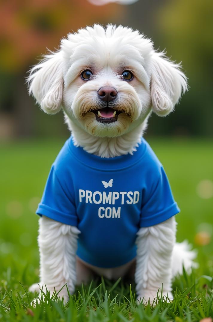 amateur photo a surprised Bichon Frise, in ultramarine t shirt on the T shirt there is a beautiful inscription in a modern font PROMPTSD COM , at garden outdoor school, spring