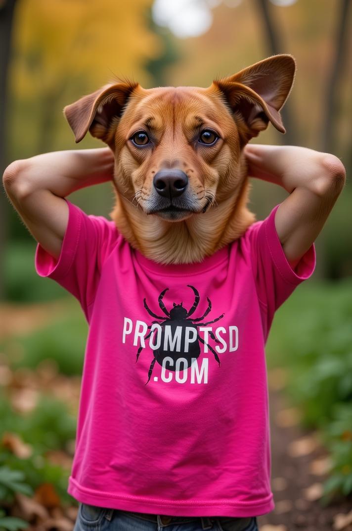 amateur photo a afraid Brown Dog Tick, in fuchsia t shirt on the T shirt there is a beautiful inscription in a modern font PROMPTSD COM , at garden permaculture school, autumn
