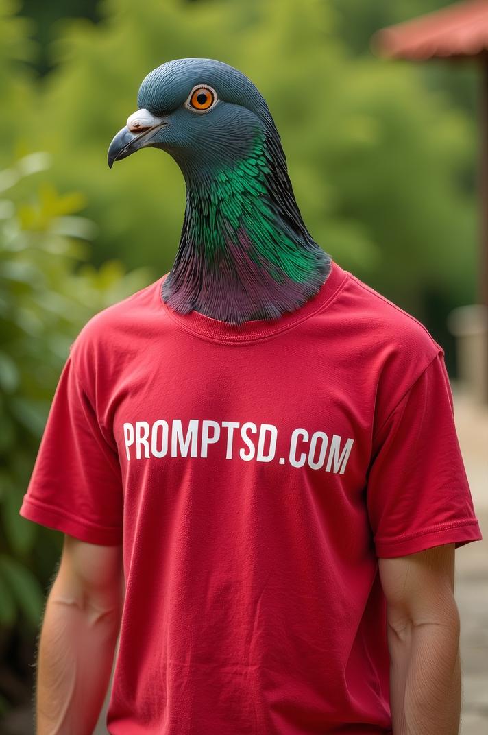 amateur photo a wicked Pink Necked Green Pigeon, in cinnabar t shirt on the T shirt there is a beautiful inscription in a modern font PROMPTSD COM , at terrace, summer