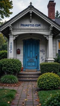 navy blue graffiti in a modern font PROMPTSD COM , photograph, angle from above of a S Bungalow , in a D D setting