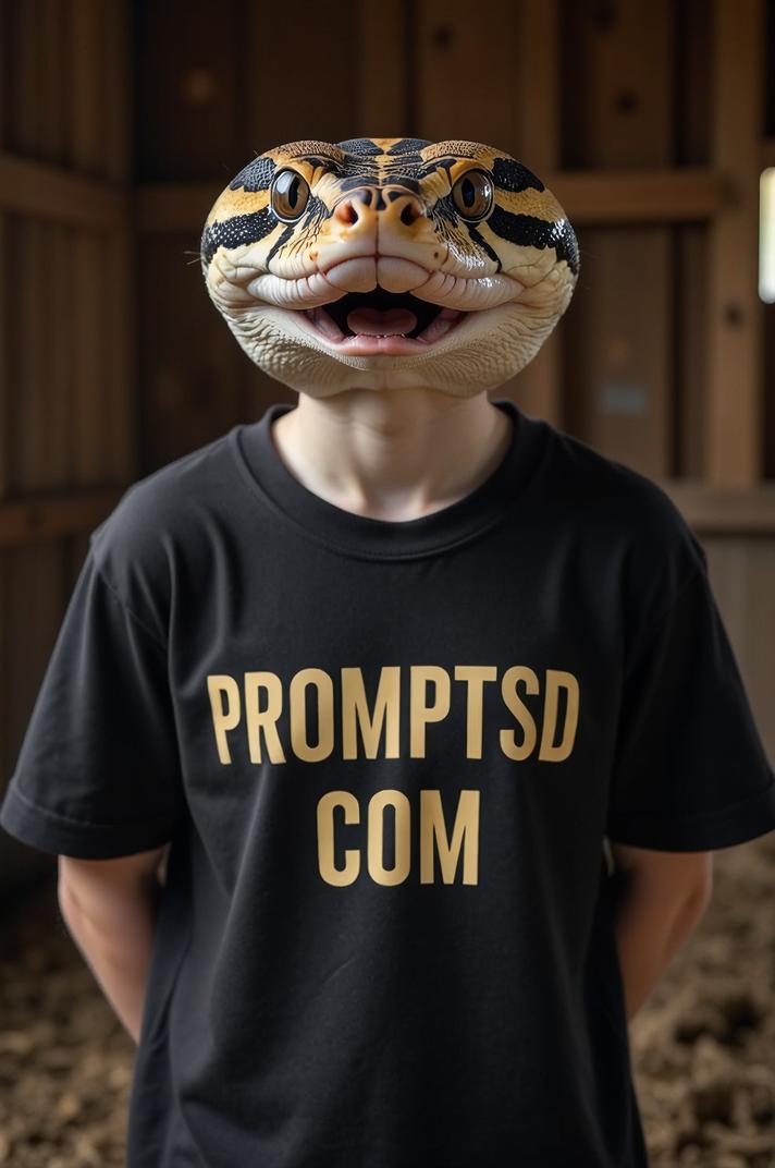 amateur photo a surprised Pygmy python, in black t shirt on the T shirt there is a beautiful inscription in a modern font PROMPTSD COM , at barn, summer