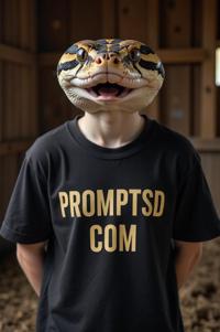 amateur photo a surprised Pygmy python, in black t shirt on the T shirt there is a beautiful inscription in a modern font PROMPTSD COM , at barn, summer
