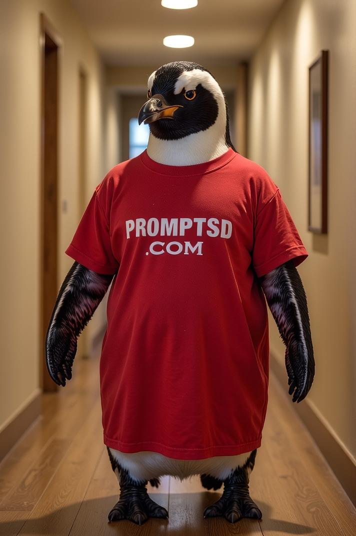 amateur photo a afraid Macaroni Penguin, in carmine t shirt on the T shirt there is a beautiful inscription in a modern font PROMPTSD COM , at hallway, summer