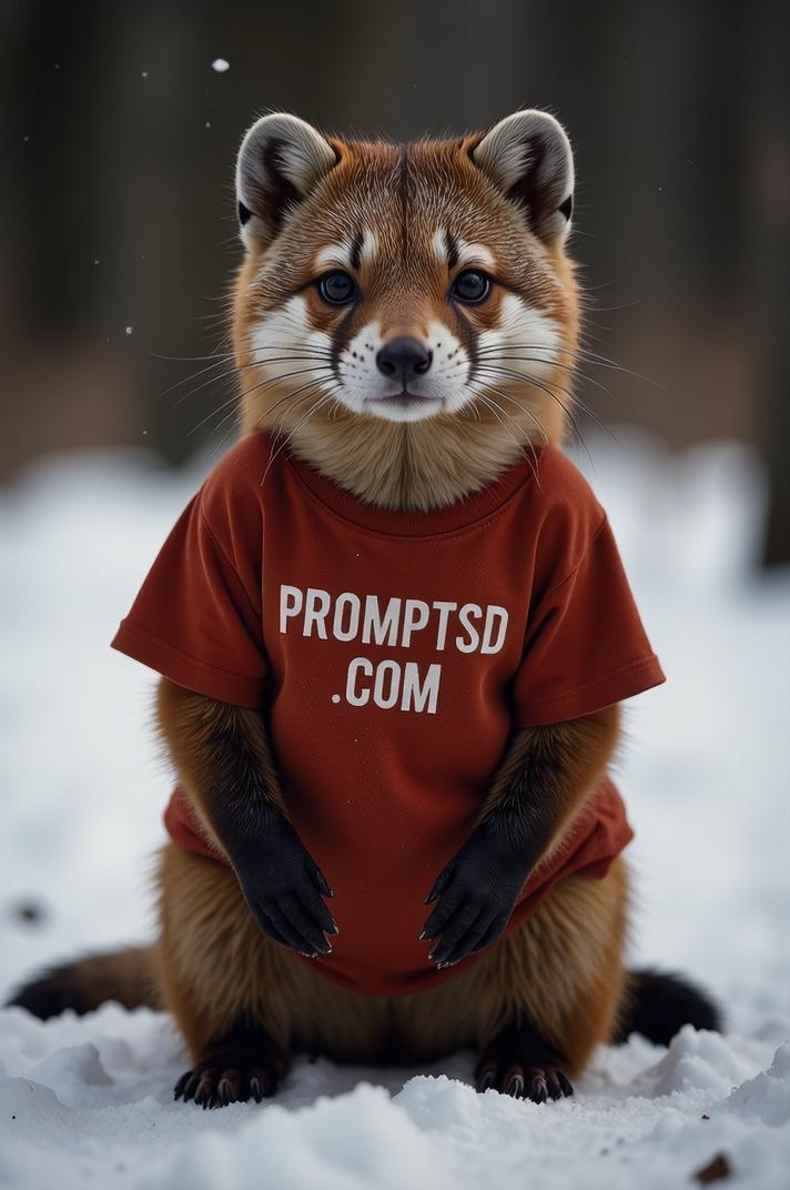 amateur photo a sad Pine Marten, in rust t shirt on the T shirt there is a beautiful inscription in a modern font PROMPTSD COM , at kindergarten, winter
