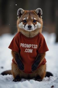amateur photo a sad Pine Marten, in rust t shirt on the T shirt there is a beautiful inscription in a modern font PROMPTSD COM , at kindergarten, winter