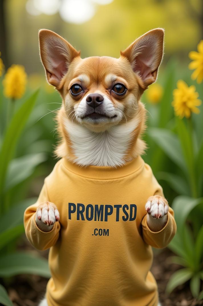amateur photo a afraid Chihuahua, in corn t shirt on the T shirt there is a beautiful inscription in a modern font PROMPTSD COM , at garden foraging school, spring