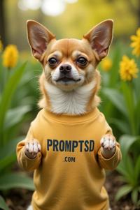 amateur photo a afraid Chihuahua, in corn t shirt on the T shirt there is a beautiful inscription in a modern font PROMPTSD COM , at garden foraging school, spring