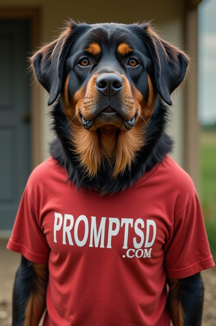 amateur photo a wicked Long Haired Rottweiler, in firebrick t shirt on the T shirt there is a beautiful inscription in a modern font PROMPTSD COM , at foraging school, summer