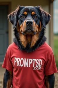 amateur photo a wicked Long Haired Rottweiler, in firebrick t shirt on the T shirt there is a beautiful inscription in a modern font PROMPTSD COM , at foraging school, summer