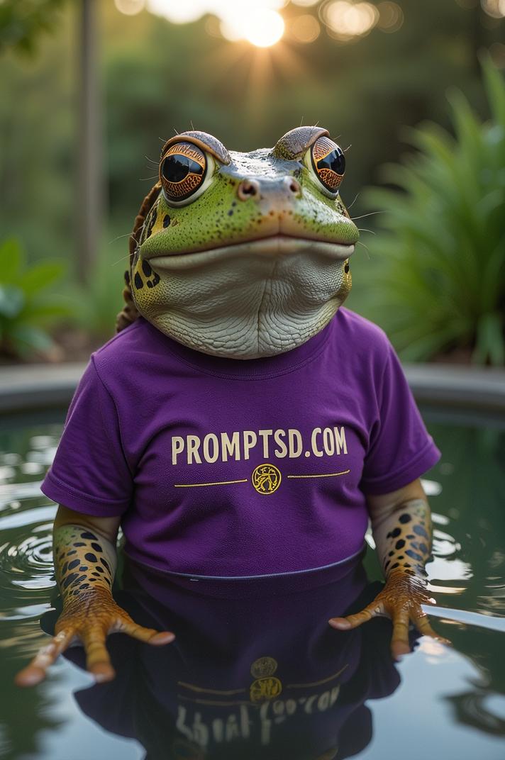 amateur photo a indifferent Pool Frog, in plum t shirt on the T shirt there is a beautiful inscription in a modern font PROMPTSD COM , at urban farming school, spring