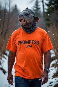 amateur photo a happy Lungfish, in carrot orange t shirt on the T shirt there is a beautiful inscription in a modern font PROMPTSD COM , at garden permaculture school, winter