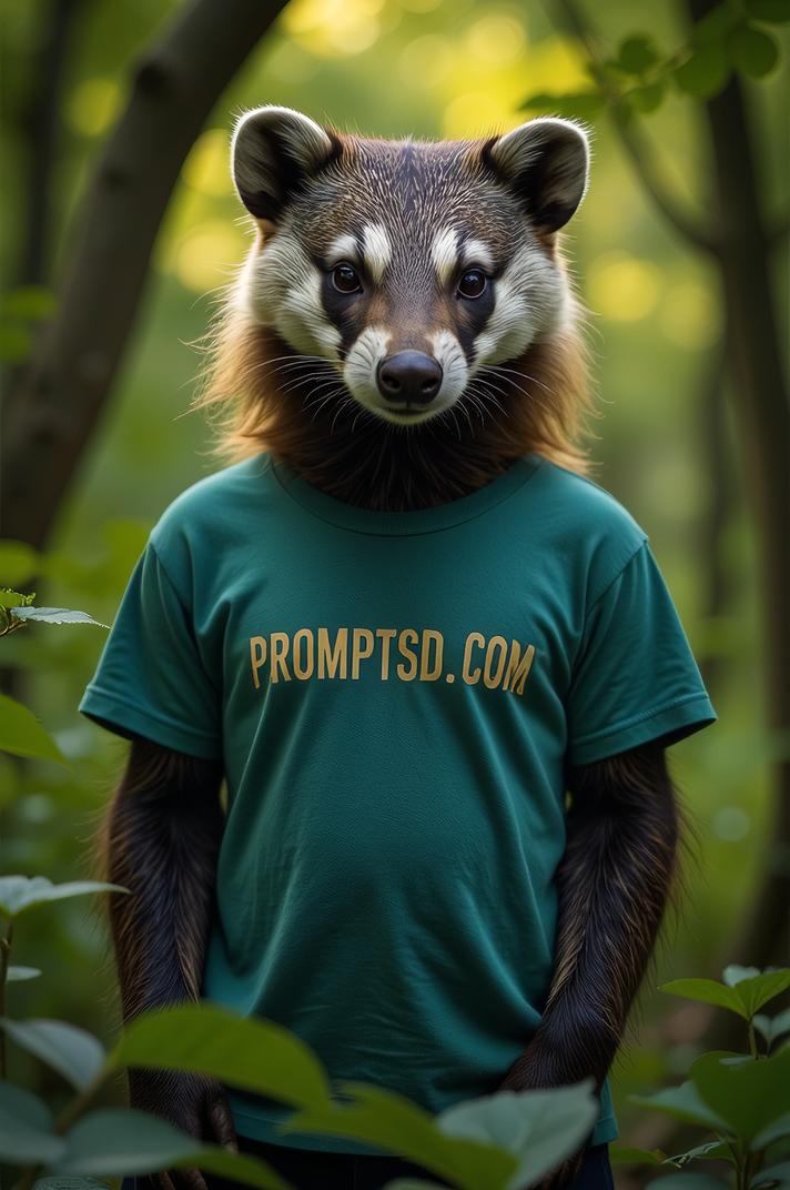 amateur photo a mysterious Badger, in teal t shirt on the T shirt there is a beautiful inscription in a modern font PROMPTSD COM , at thicket, summer