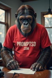 amateur photo a sad Gigantopithecus, in firebrick t shirt on the T shirt there is a beautiful inscription in a modern font PROMPTSD COM , at work, winter