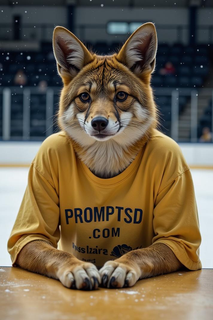 amateur photo a mysterious Patagonian Mara, in corn t shirt on the T shirt there is a beautiful inscription in a modern font PROMPTSD COM , at hockey rink, winter
