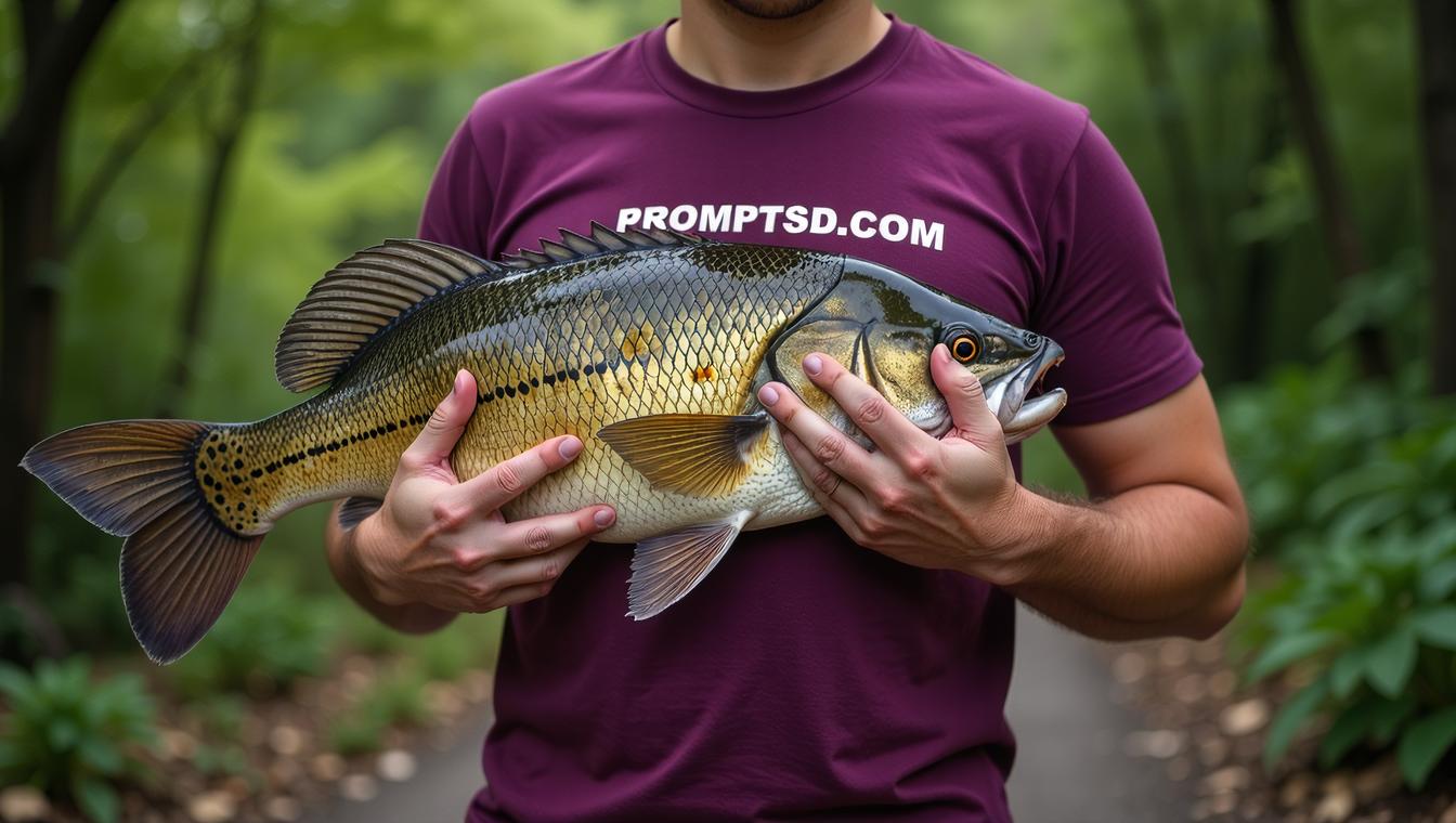 amateur photo a wicked Barramundi Fish, in plum t shirt on the T shirt there is a beautiful inscription in a modern font PROMPTSD COM , at walking path, spring