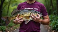amateur photo a wicked Barramundi Fish, in plum t shirt on the T shirt there is a beautiful inscription in a modern font PROMPTSD COM , at walking path, spring