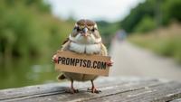 amateur photo a funny fat House Sparrow English Sparrow , with a beautiful sign on which is written in a funny font PROMPTSD COM , at dike, summer
