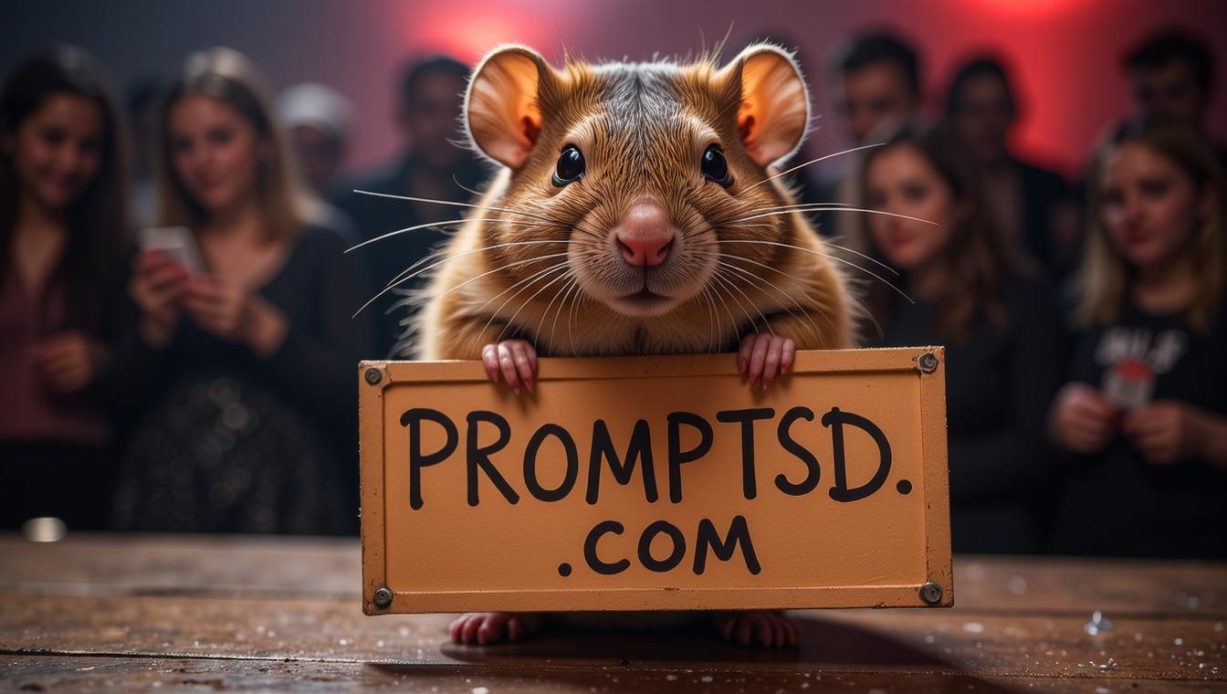 amateur photo a funny fat Shrew, with a beautiful sign on which is written in a funny font PROMPTSD COM , at disco, spring