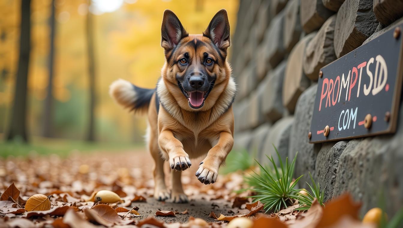 amateur photo a funny fat German Shepherd Mix, with a beautiful sign on which is written in a funny font PROMPTSD COM , at climbing wall, autumn