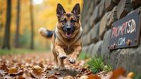 amateur photo a funny fat German Shepherd Mix, with a beautiful sign on which is written in a funny font PROMPTSD COM , at climbing wall, autumn