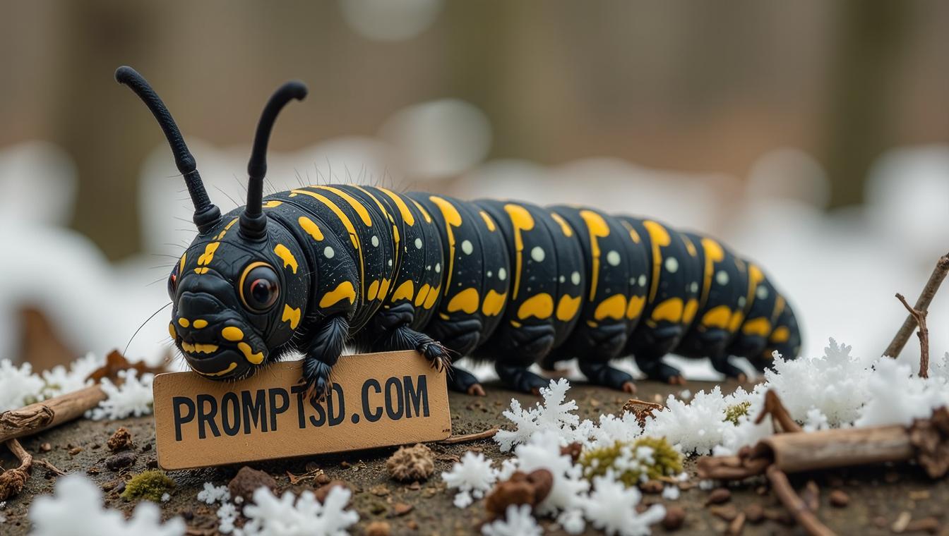 amateur photo a funny fat Black Swallowtail Caterpillar, with a beautiful sign on which is written in a funny font PROMPTSD COM , at gallery forest, winter
