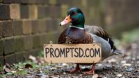 amateur photo a funny fat Muscovy Duck, with a beautiful sign on which is written in a funny font PROMPTSD COM , at copse, winter