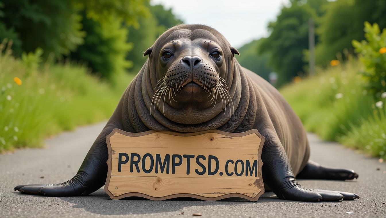 amateur photo a funny fat Elephant Seal, with a beautiful sign on which is written in a funny font PROMPTSD COM , at bike path, summer