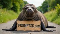 amateur photo a funny fat Elephant Seal, with a beautiful sign on which is written in a funny font PROMPTSD COM , at bike path, summer