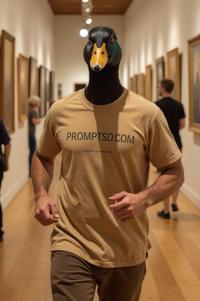 amateur photo a mysterious Ruddy Duck, in sandy brown t shirt on the T shirt there is a beautiful inscription in a modern font PROMPTSD COM , at art gallery, autumn