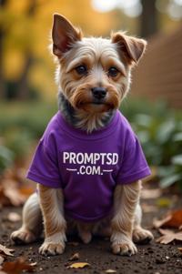 amateur photo a wicked Terrier, in violet t shirt on the T shirt there is a beautiful inscription in a modern font PROMPTSD COM , at garden center, autumn