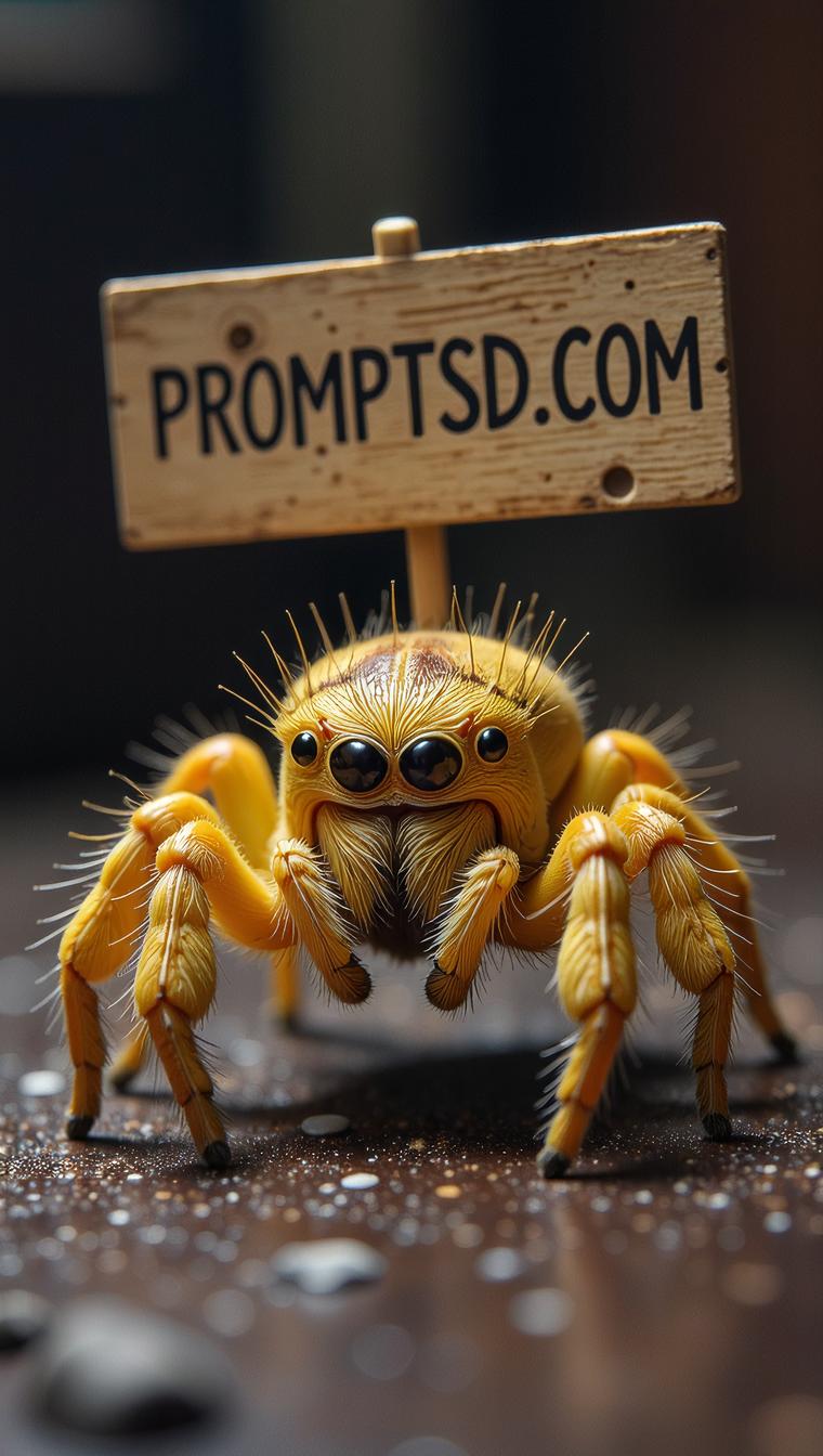amateur photo a funny fat Yellow Sac Spider, with a beautiful sign on which is written in a funny font PROMPTSD COM , at music studio, winter
