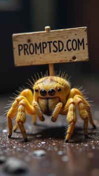 amateur photo a funny fat Yellow Sac Spider, with a beautiful sign on which is written in a funny font PROMPTSD COM , at music studio, winter