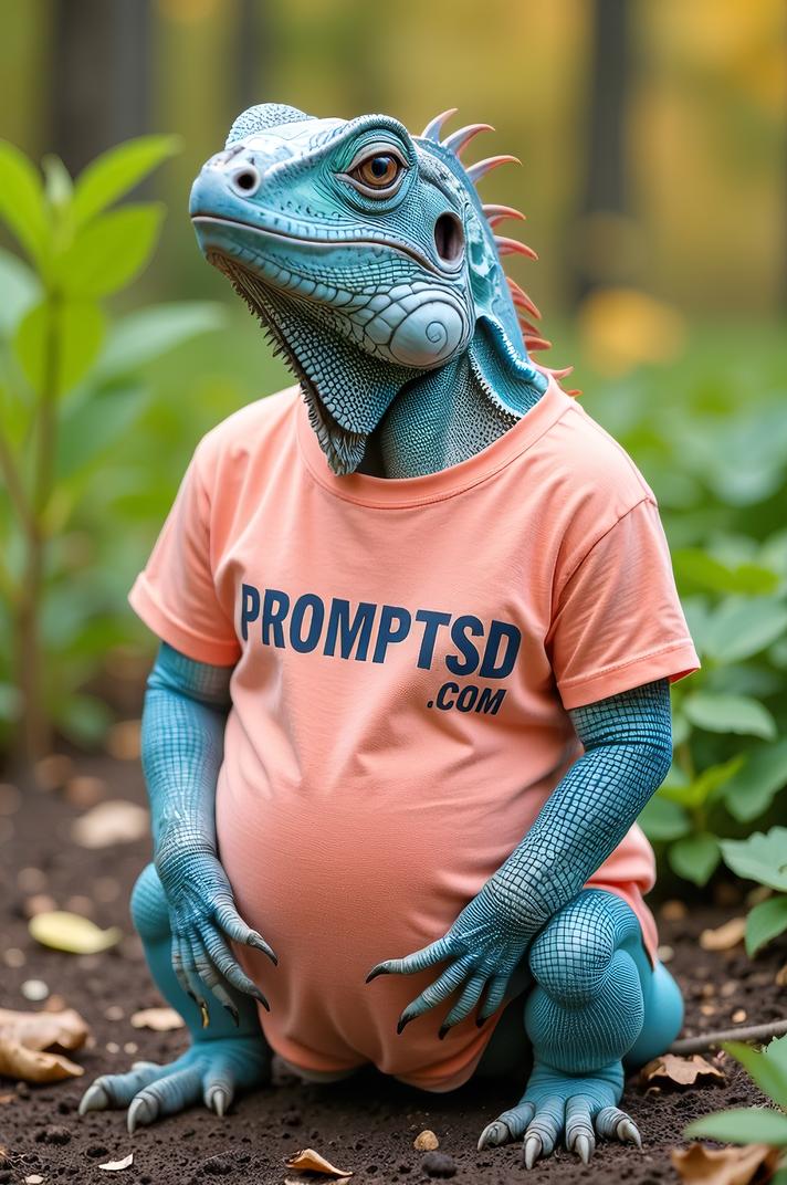amateur photo a scary Blue Iguana, in peach t shirt on the T shirt there is a beautiful inscription in a modern font PROMPTSD COM , at garden vertical farming school, autumn