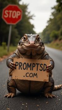 amateur photo a funny fat Armadillo Lizard, with a beautiful sign on which is written in a funny font PROMPTSD COM , at stop sign, summer