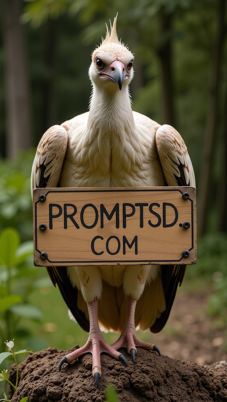 amateur photo a funny fat Egyptian Vulture, with a beautiful sign on which is written in a funny font PROMPTSD COM , at garden therapy school, summer